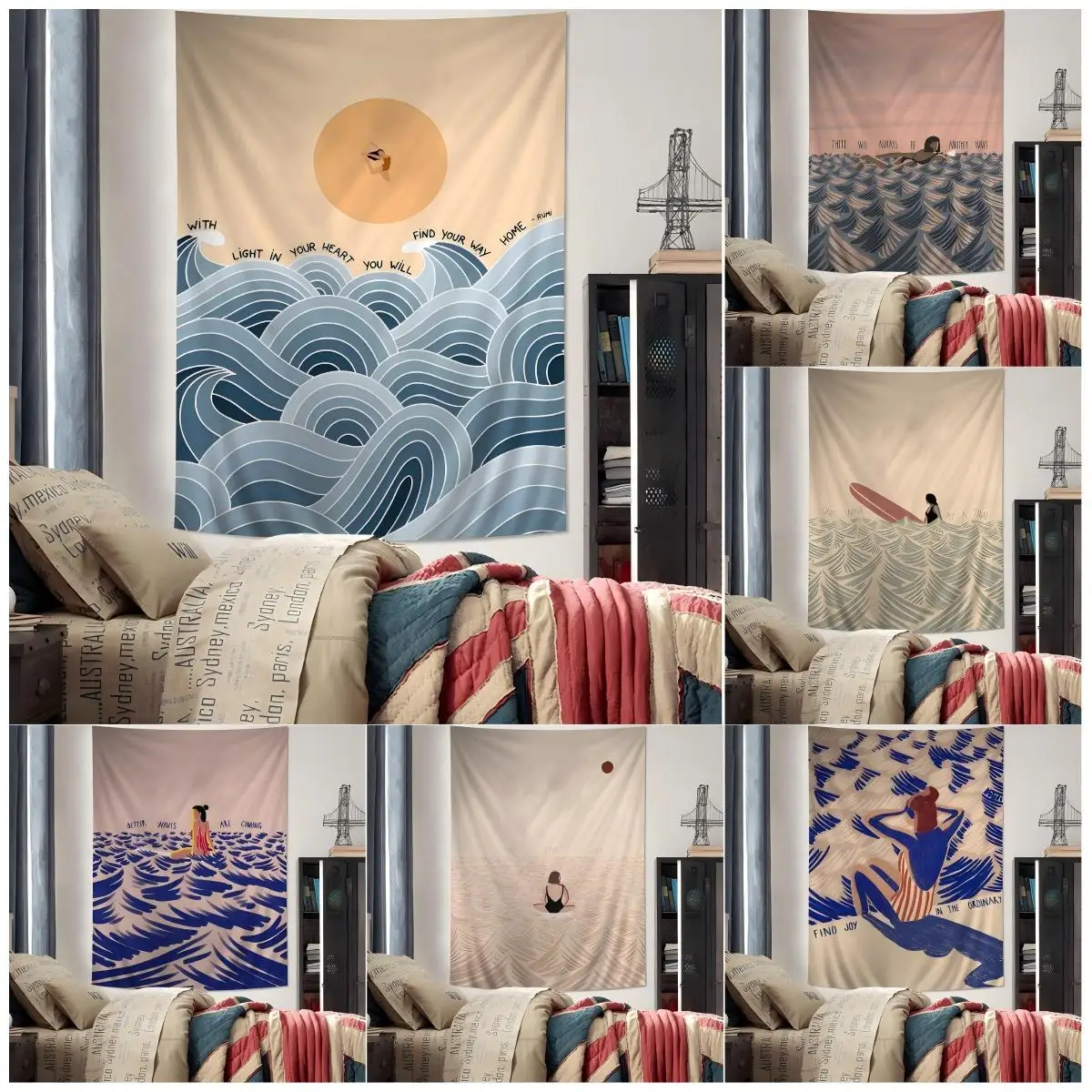 VIKAMA Bohemian City Memory Wandteppich Meereswellen Sonnenuntergang Wohnzimmer Schlafzimmer Hintergrund Wanddekoration Wandteppich