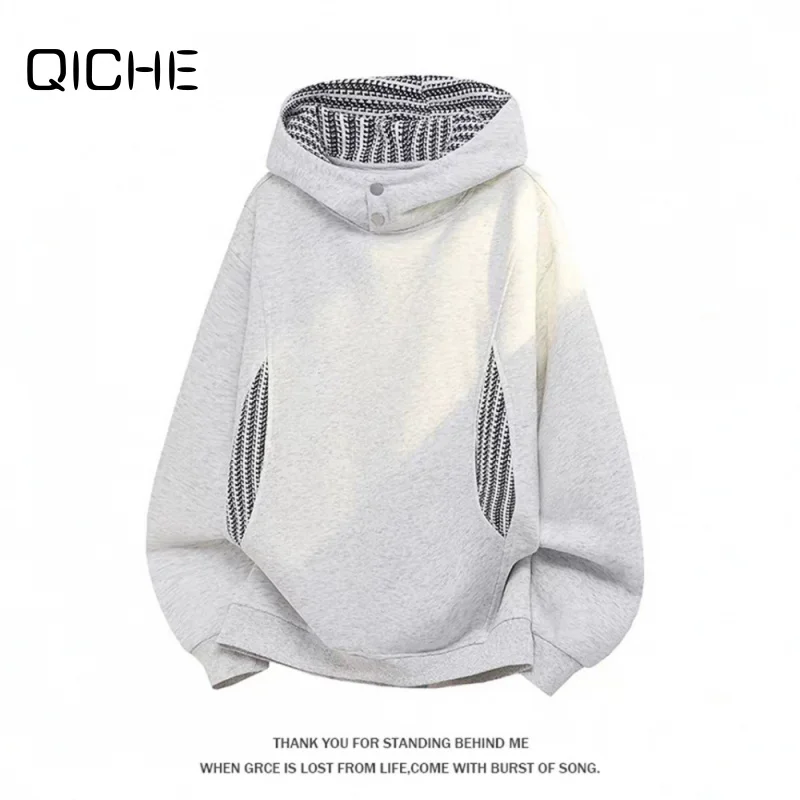 QICHE Men Plaid Spliced Deconstructed Hoodie Autumn American‑Style Heavy‑Weight Button‑Up Unisex Couple Outer Jacket