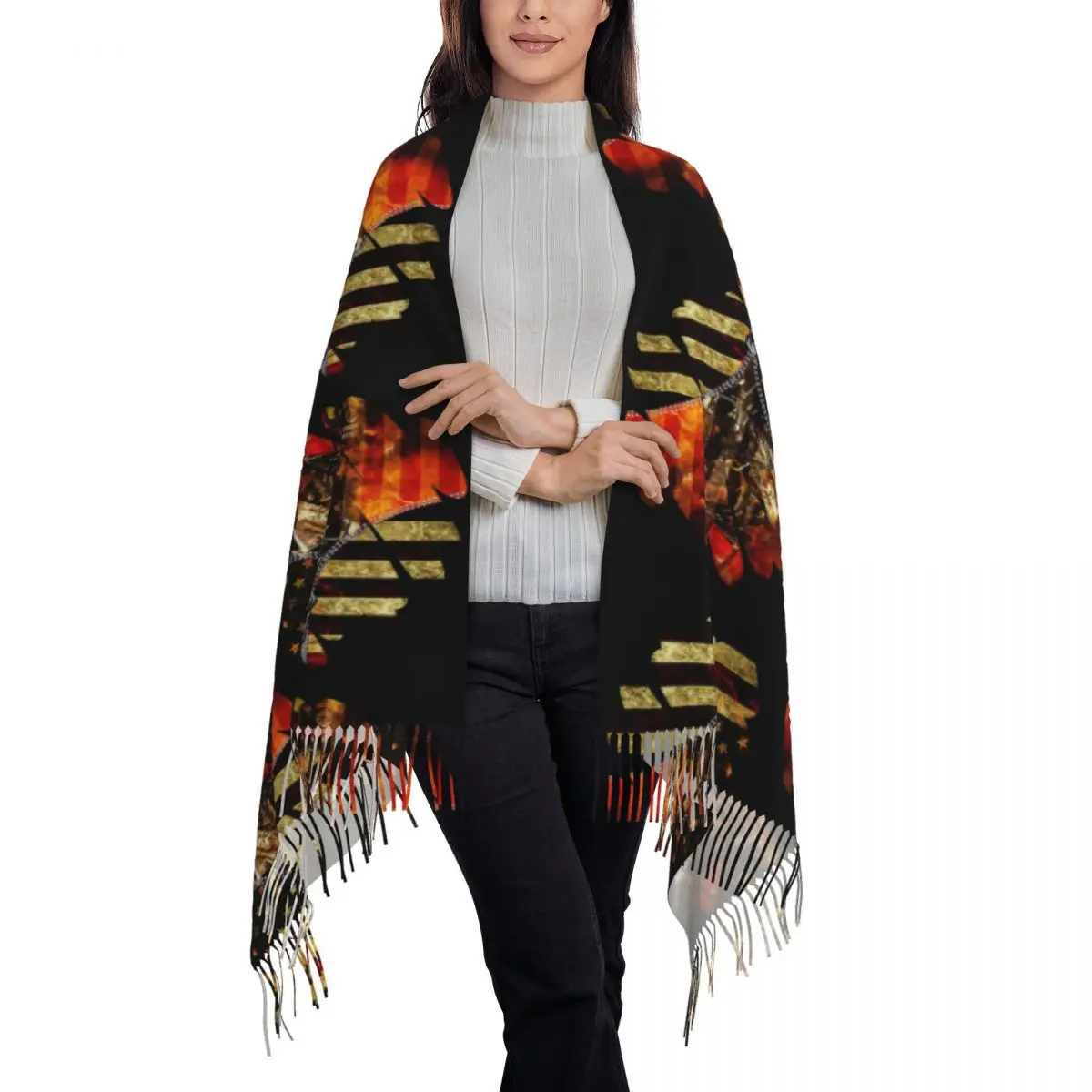 American Fireman USA Over An American Flag Circle Firefighter Scarf Tassel Scarves Women Shawls and Wraps Fall Winter Shawl Wrap