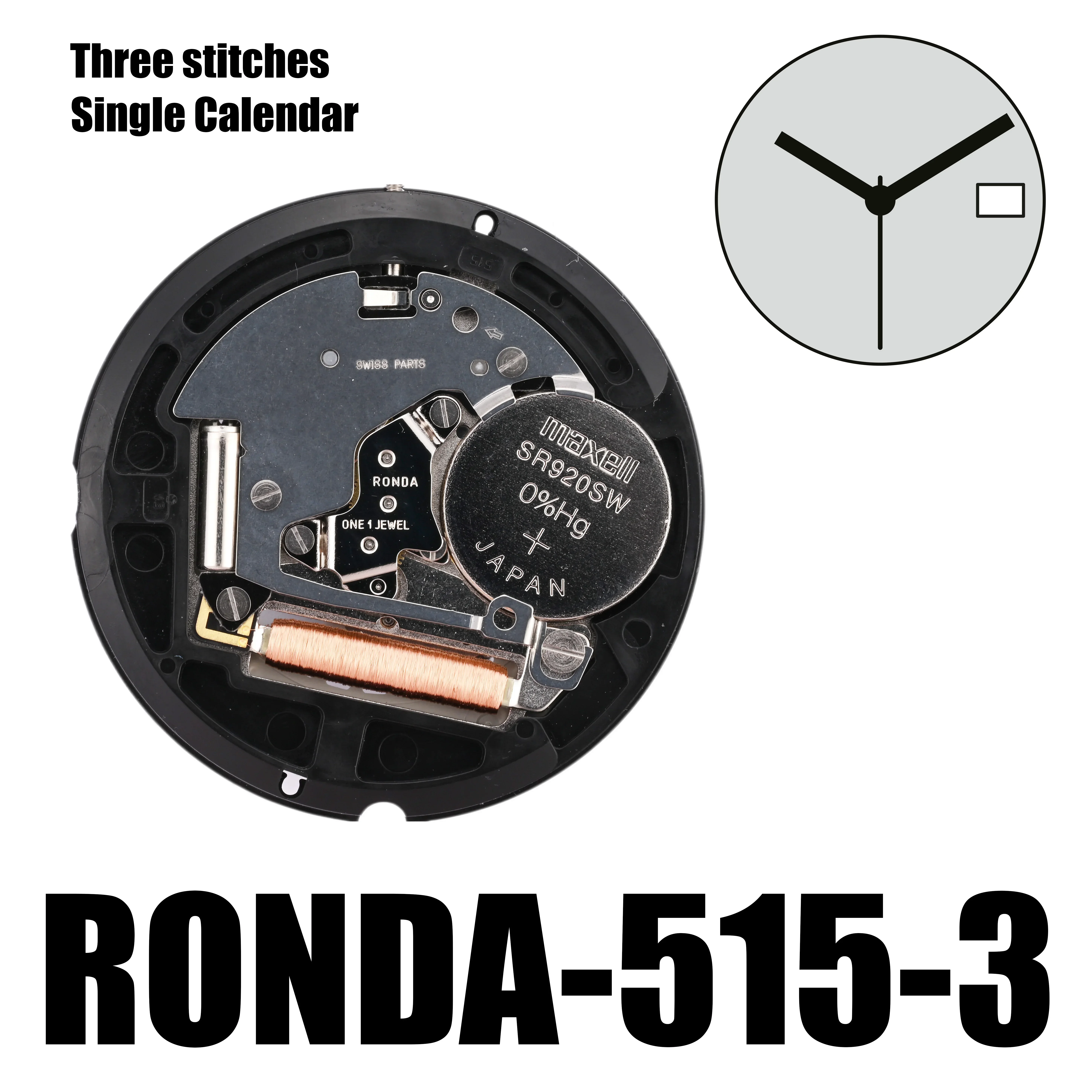 515 Movement Ronda 515-3 Ronda Movement powertech Size 3mm 11½\'\'\' 25.60 mm 3 hands Date Displayed at 3 o\'clock/at 6 o\'clock