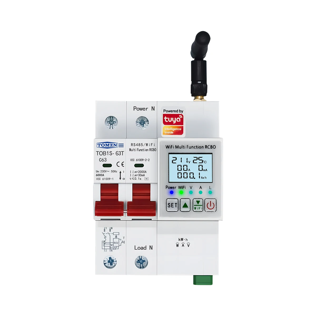 TOB1S 2P 4P 230V 63A RS485 WIFI TUYA Smartlife Leakage OVP UVP OCP Din Rail L+N RCBO Circuit Breaker Temperature V-A-Hz Display