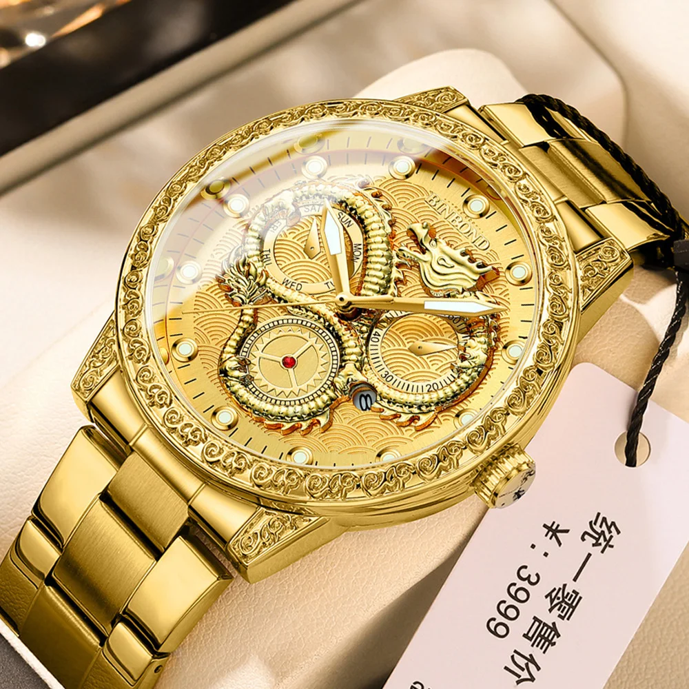 

2023 New Luxury Gold Mens Watch Embossed Dragon Golden Stainless Steel Waterproof Luminous Business Wristwatch Relogio Masculino