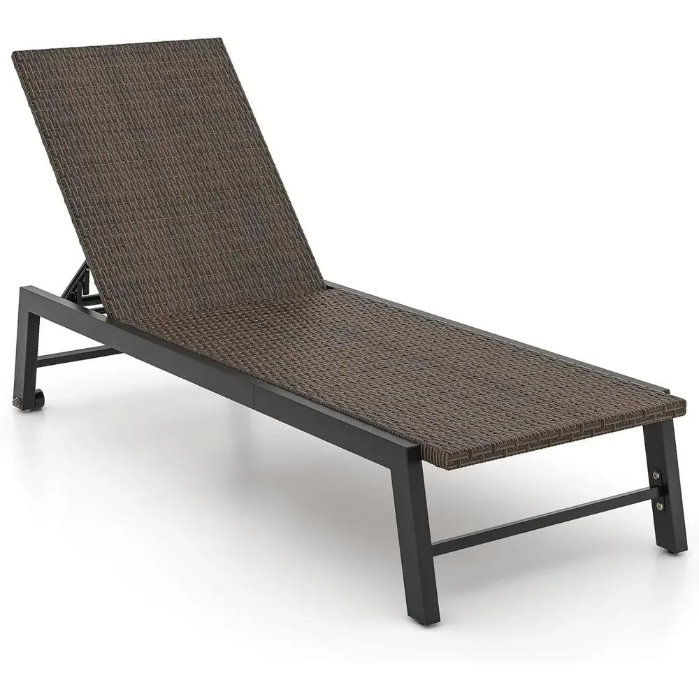 Outdoor 4-Position Reclining Patio Chaise Lounge Chair with Wheels, Deck and Poolside (Mix Brown)