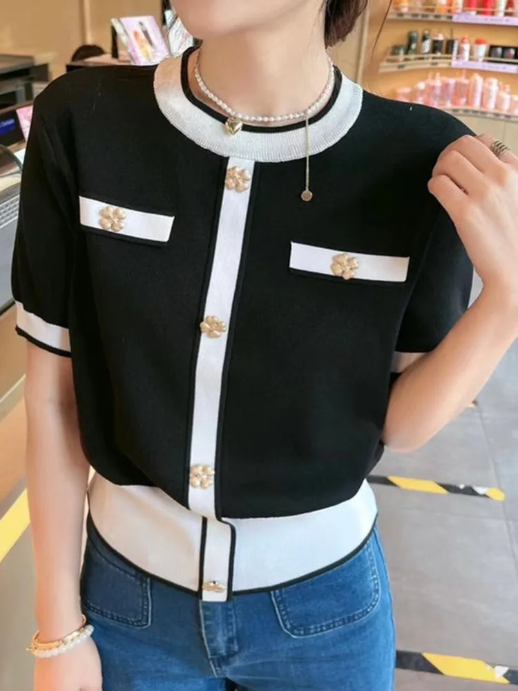 Jerseys de punto de manga corta para mujer, suéteres finos de cuello redondo, Tops elegantes, prendas de punto elegantes, moda coreana, verano 2024