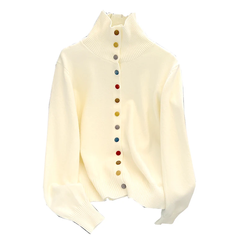 

2024 Women's vintage Solid color Casual breasted knitted cardigan female Single breasted stand up collar sweater jacket