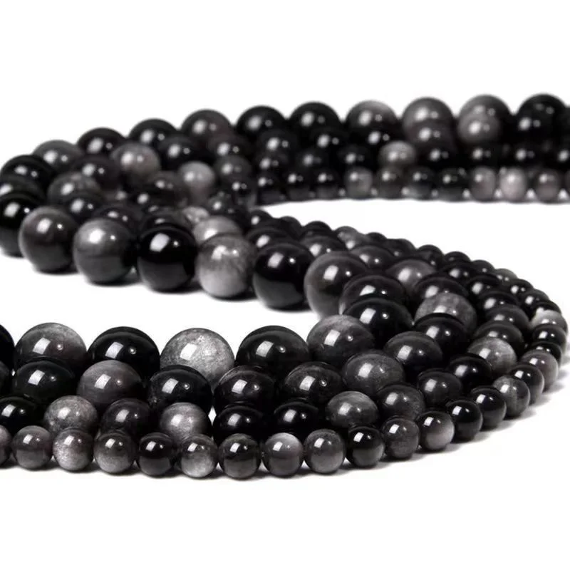 Natural Stone Silver Obsidian Beads Round Loose Spacer Silvery Sheen Bead For Jewelry Making DIY Bracelet Necklace Accessory