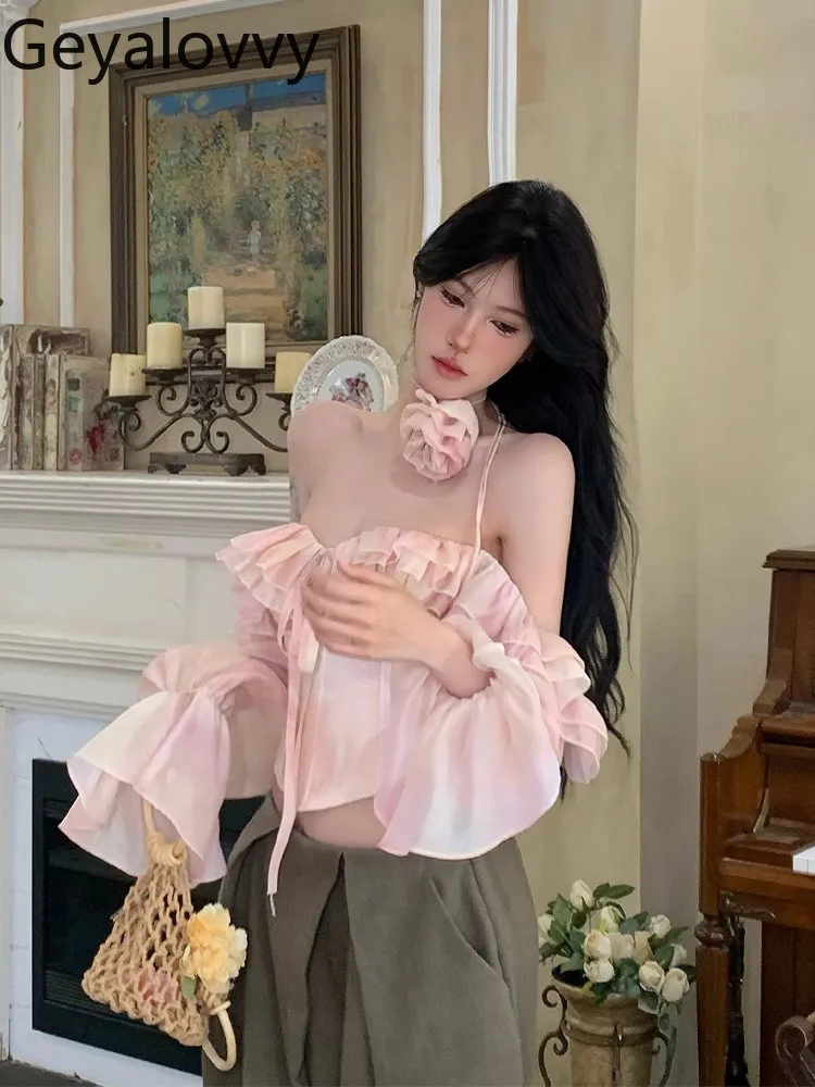 Francês puro desejo hottie sexy espinha de peixe fora do ombro topo feminino plissado borda blusa de cintura alta chiffon camisa de manga comprida