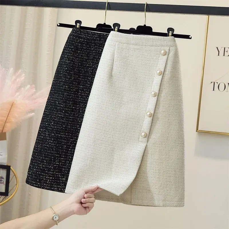 

Autumn Winter Women's Elegant High Waist Tweed Skirts Korean Office Lady Graceful Pearl Button Wrap Hips Skirt New White Clothes