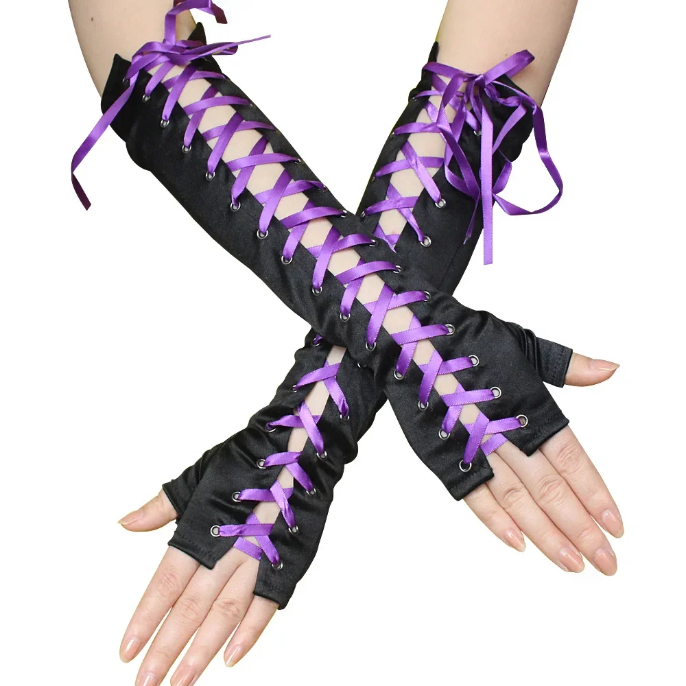 Sexy Elbow Length Fingerless Satin Glove Ribbon Lace Up Arm Warmer Black Punk Gothic Gloves Halloween Party Long Gloves