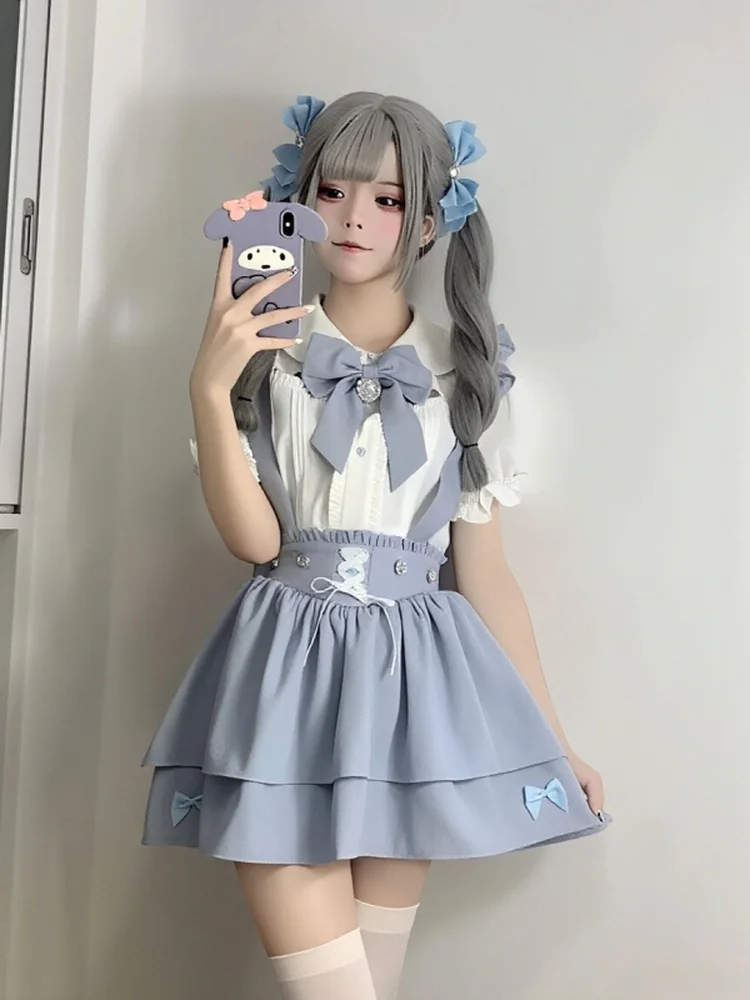 

Комплект в японском стиле: кружевная блузка с коротким рукавом и юбка-кейк, униформа для дома и массового производства, летняя модная женская одежда