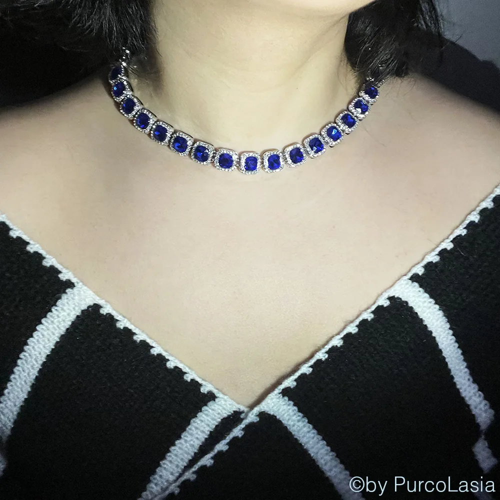 Fashion Luxury Royal Blue Women Men Tennis Cuban Chain Necklace Link Hip Hop Square Bling AAA Rhinestone Glass Jewelry