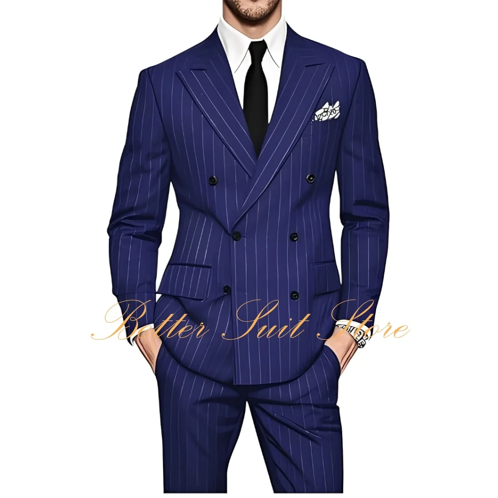 Pinstripe Suit for Men 2 Piece Slim Fit Double Breasted Suits Blazer Pant Wedding Formal Tuxedo Men's Suit