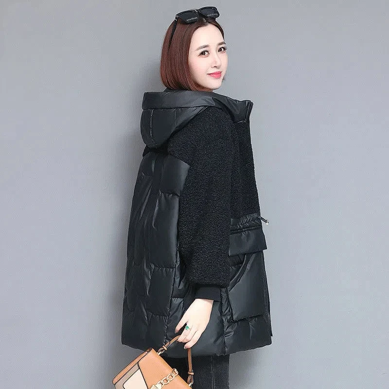 Winter Stitching Faux Lamb Wool Jacket Women\'s 4XL Fashion New Thicken Cotton Hooded Coat Mid-length Warm Female Parkas Outwear