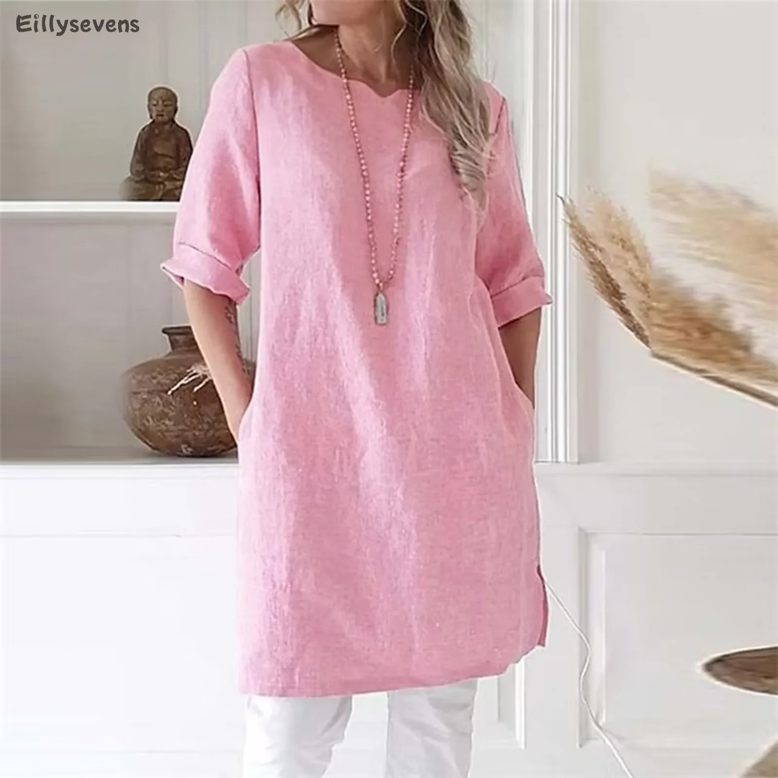 

dresses for women Fashion summer casual knee length skirt Round Neck Loose Seven Sleeve Comfortable Solid Color straight skirts