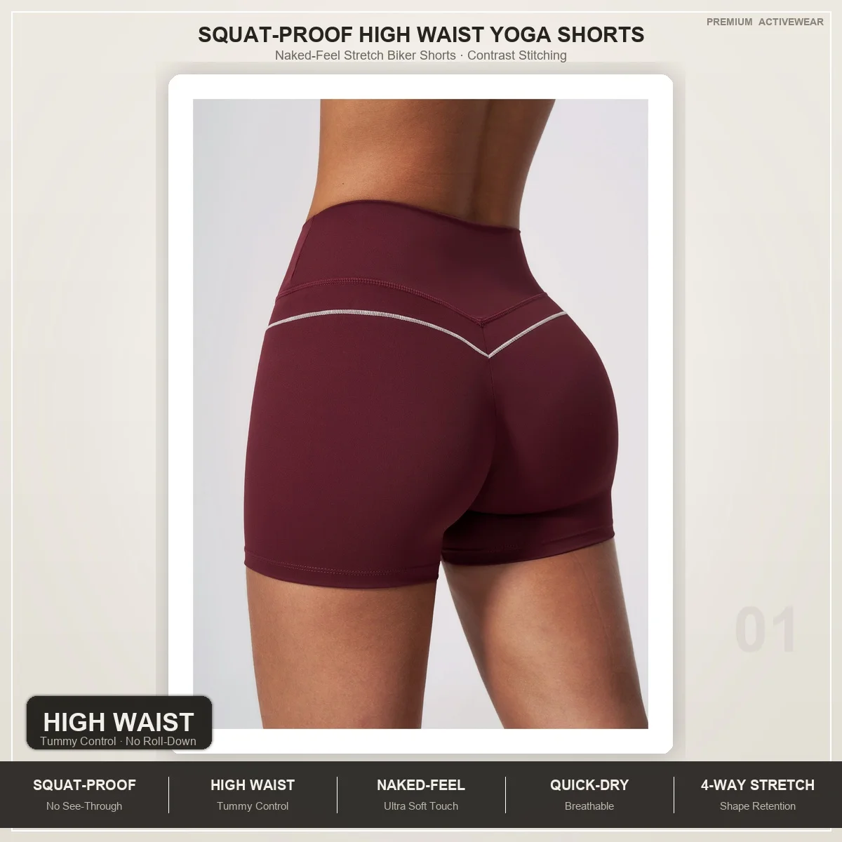 Squat-Proof High Waist Yoga Shorts, Naked-Feel Stretch Biker Shorts with Contrast Stitching, Daily Gym Wear.
