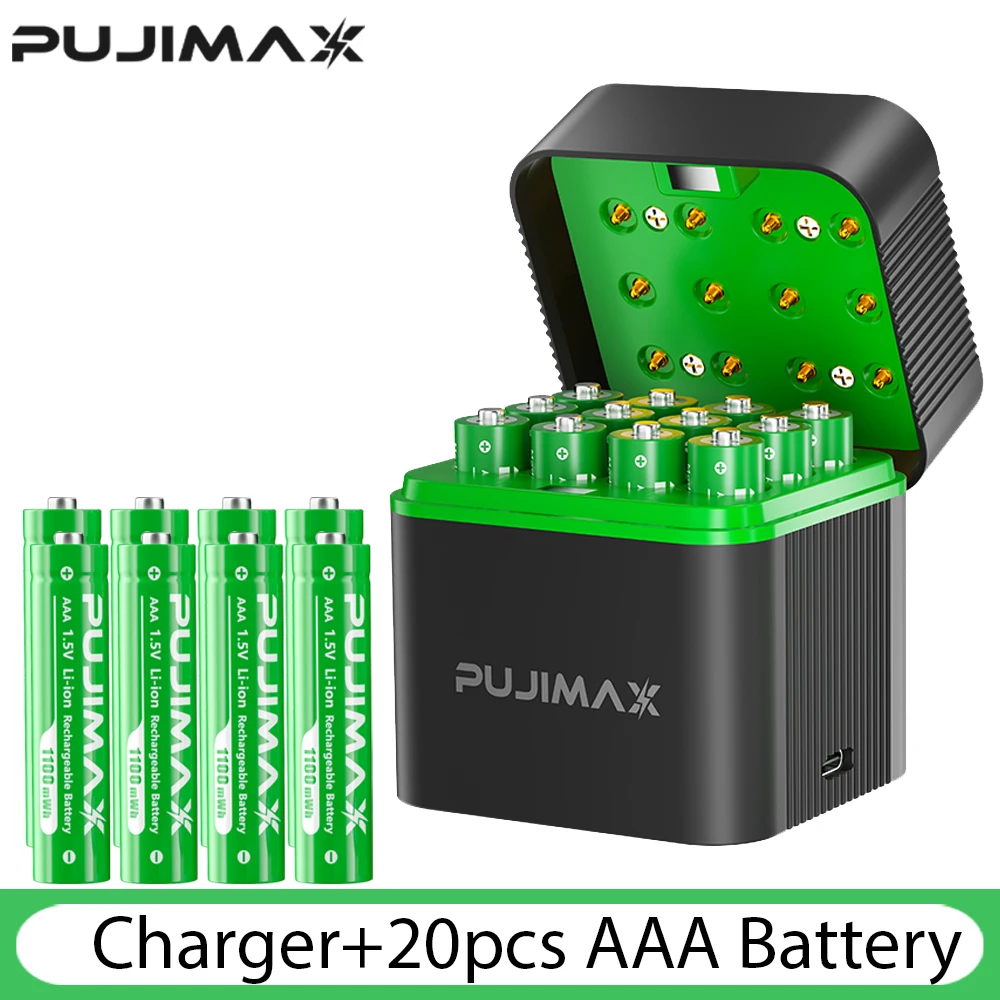 PUJIMAX 1,5 V AAA 1100 mWh oplaadbare lithium-ionbatterij met slimme batterijlader SET batterijen individueel beschikbaar