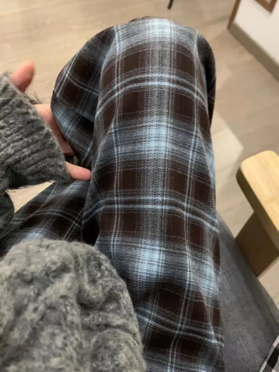 Pants Women Retro Spring Loose Full Length Elastic Waist Plaid Leisure All-match Korean Style Wide Leg Trousers Students Trendy