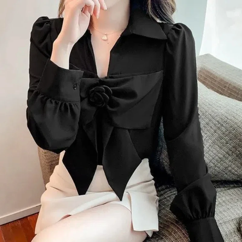 Bow Patchwork Polo Neck Long Sleeve Blouse Spring Autumn New Solid Temperament Korean Shirt Tops Sweet Fashion Women Clothing