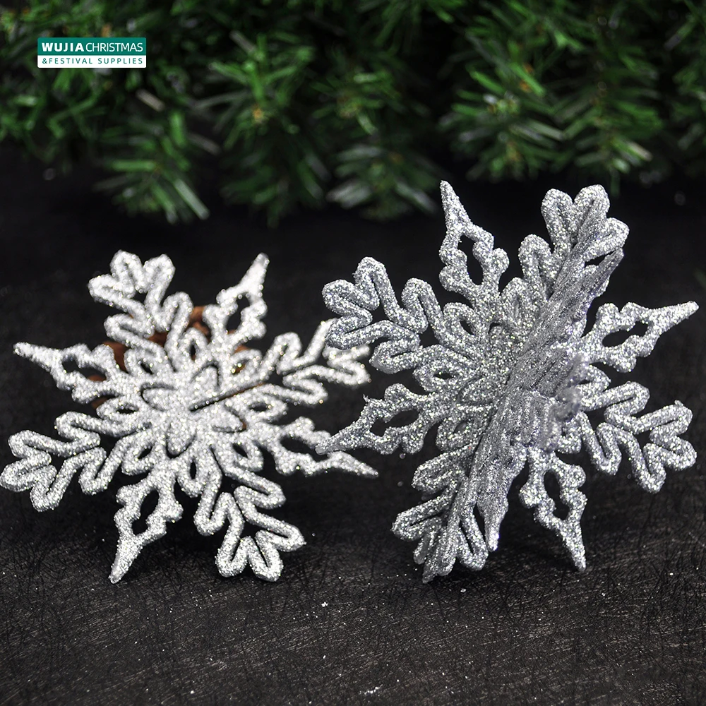 40Pcs/Set Silver Glitter Plastic Snowflake Ornaments Christmas Venue Decoration Xmas Tree Pendant for Home Winter Party Supplies