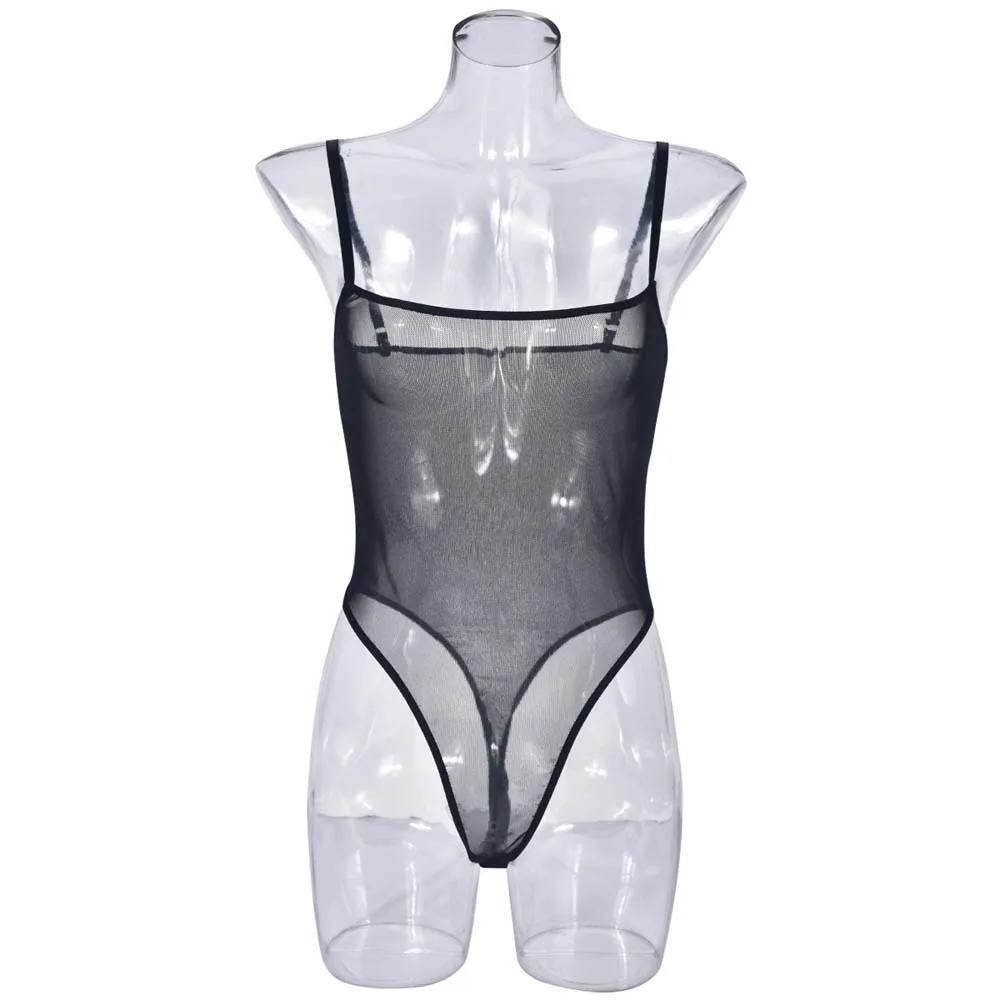 

Fashion Mesh Hollow Mesh Bodysuit Transparent Solid Color Mesh Sheer Jumpsuit Pajamas Sleeveless Women Lingerie Women