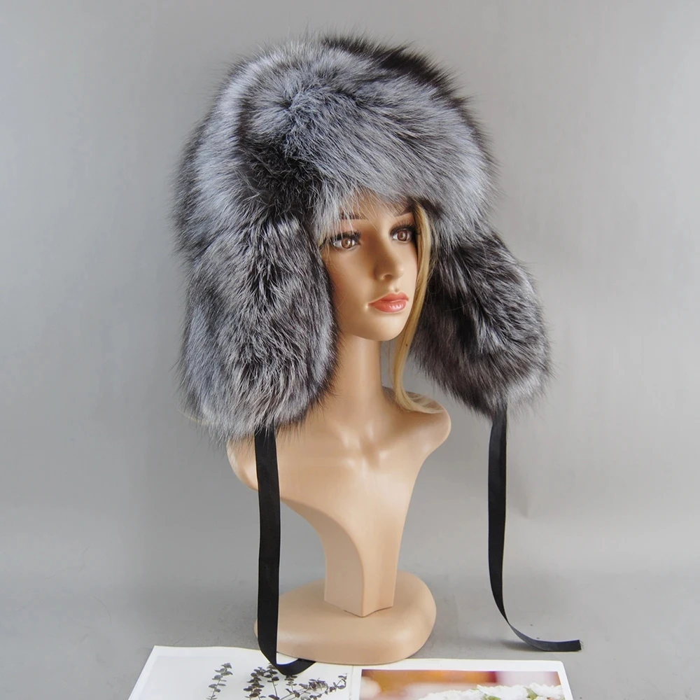 Real Fur 100% Fox Skin Russian Businessmen Pilot Bombers Full Mao Men's hat Ushanka Winter Ear Guard Hat Raccoon Fur Beanie hat