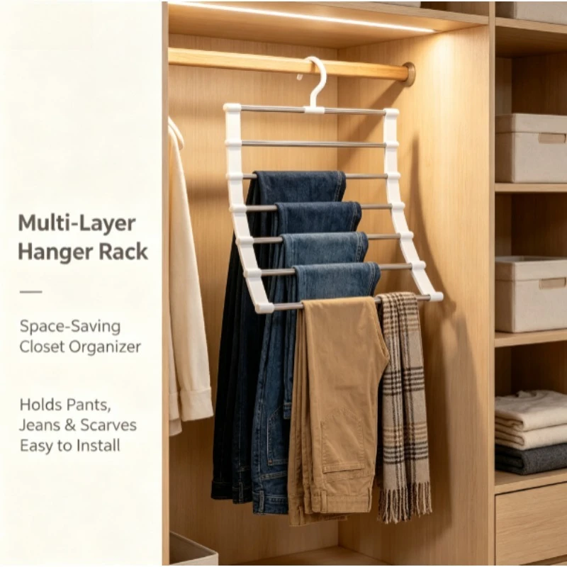 Multi-layer Ladder Pants Hanger, Multifunctional Stainless Steel Pants Storage Rack, Non-slip No Mark Trouser Organizer