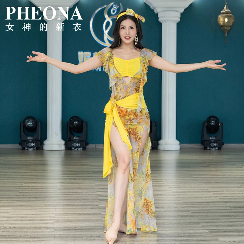 

Women Belly Dance Class Uniform Flower Printing Baladi Dress Saidi Dresses Girls Folk Costume Set Long Robe with Headbands