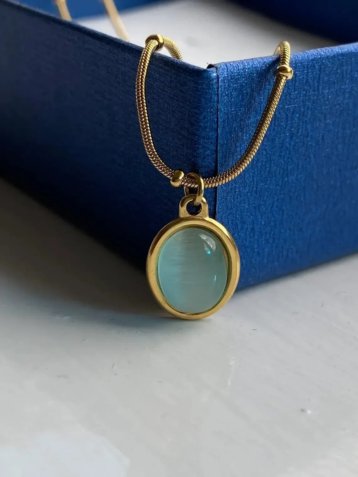 Women's Green Stone Necklace,Charm 18k Gold Plated Stainless Steel Snake Chain Jewelry Bling Drop Pendant Choker Necklaces Gift