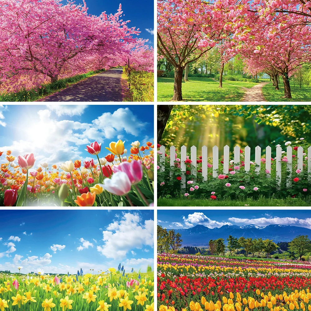 

Spring Nature Landscape Photography Background Garden Park Blue Sky Colorful Flowers Trees Rustic Wall Banner Photo Studio Props