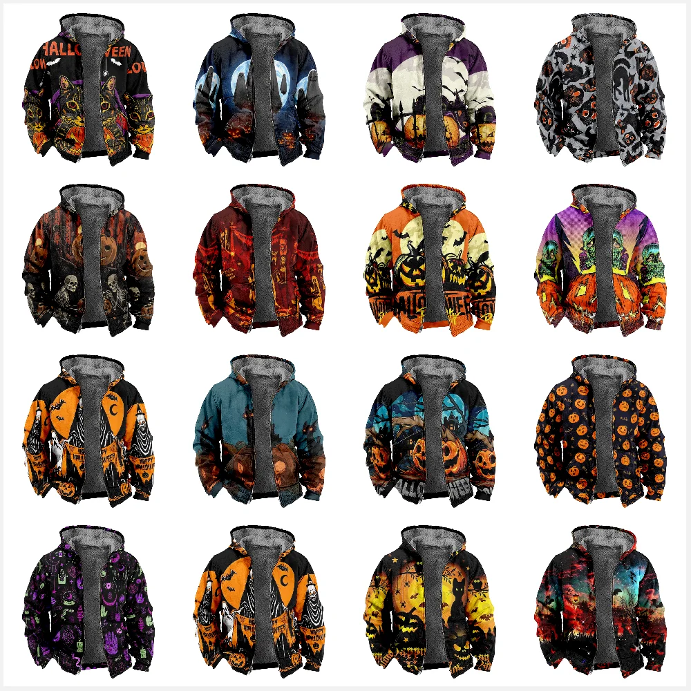 

2023 New Halloween Cotton Coat Hooded Sweater Casual Print Long Sleeve Zipper Sweater Thick Cotton Coat Winter a01