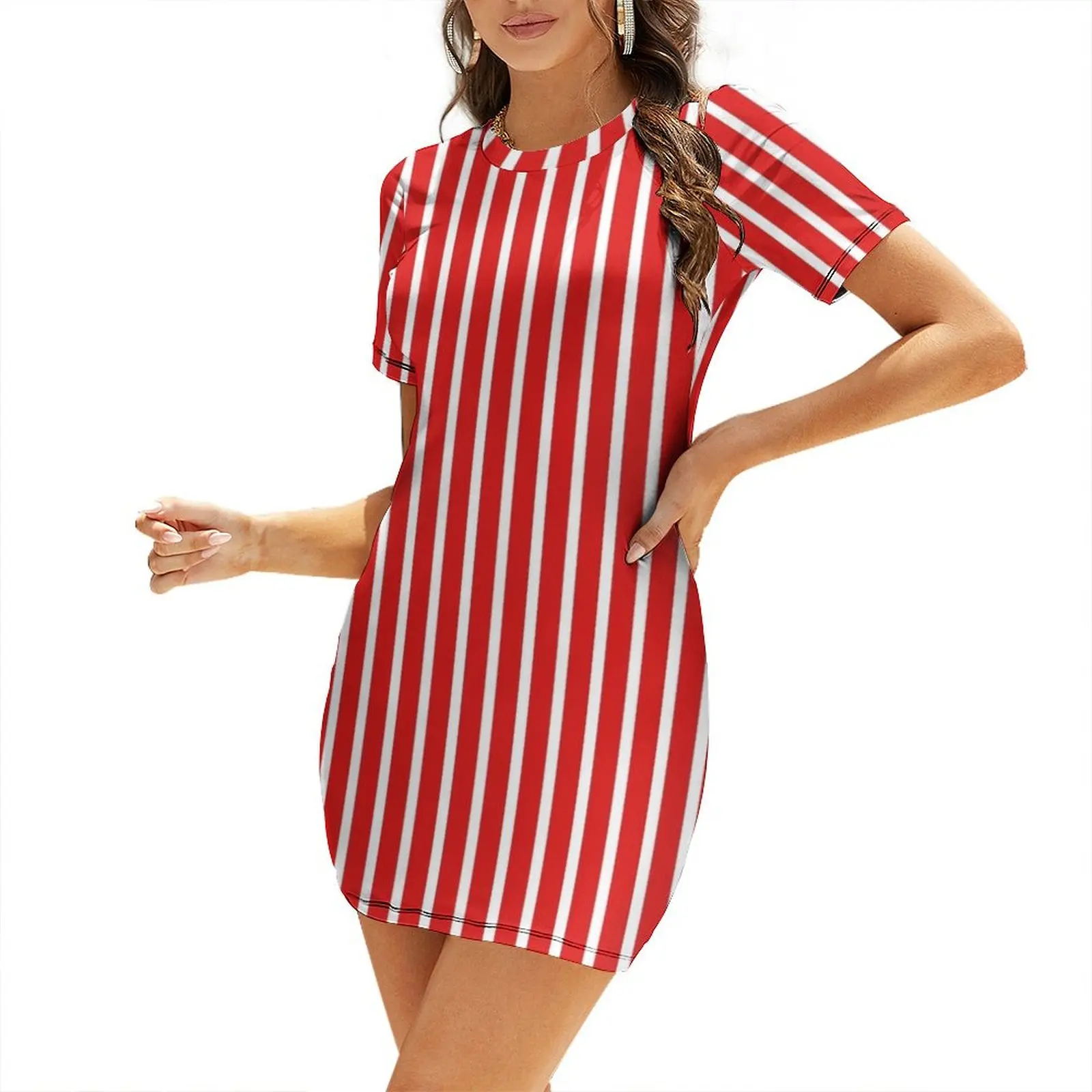 

IU Candy Stripes! Crimson and Cream, Red and white striped Short Sleeved Dress Long veiled dresses long sleeve dresses