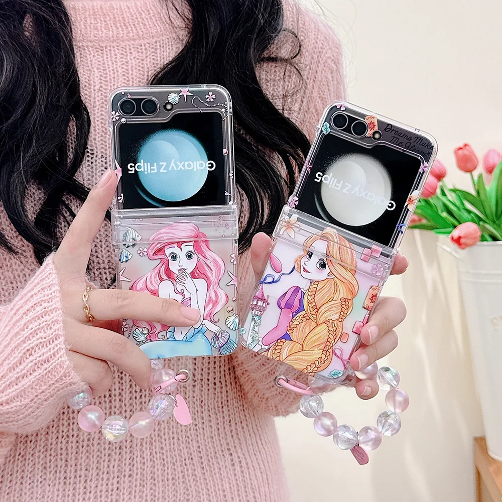 Cartoon Disneys Ariel Princess With Lanyard Phone Case for Samsung Galaxy Z Flip 3 4 5 5G PC Hard Anti-drop Back Cover Funda