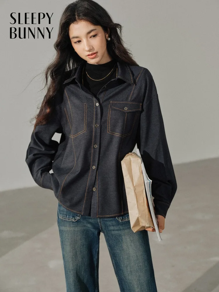 Casual overhemdjack met contrasterende steek Losse blouse met lange mouwen voor dames Stijlvol overhemd met kraag voor de herfst Gelaagde slanke look