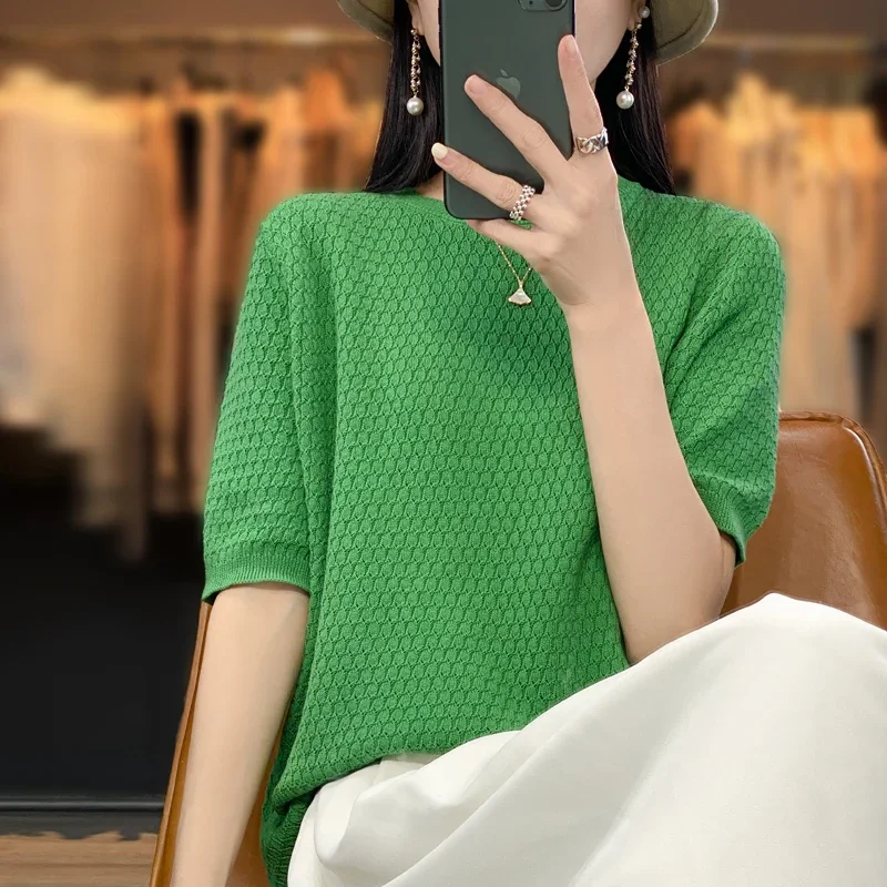 

100% cotton short sleeve 2024 summer new women's round neck pullover loose knit solid color top casual vest fashion T-shirt l224
