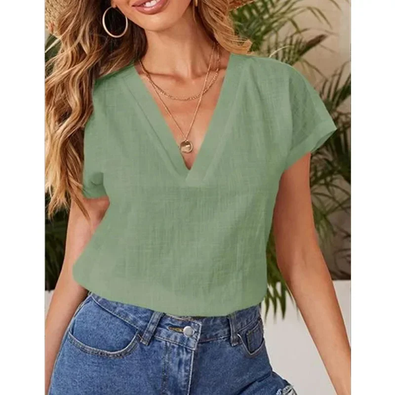 Women's Solid Casual Shirts & Blouses for Women 2024 Summer Vintage Fashion Elegant Youth Female Tops Blusas Para Mujer