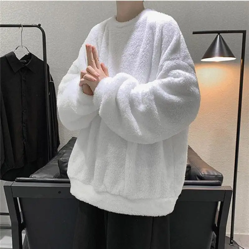 New Flannel Plush Youth Men Sweatshirt Autumn Winter Clothes O Neck Japanese Style Fashion Thicken Daily Warm Pullover Coat