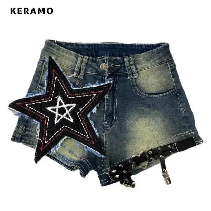 Harajuku Hotsweet High Waist 00S Blue Denim Shorts Women\'s Fashion Casual Sexy Slim Fit Y2K Street Star Print Jean Short