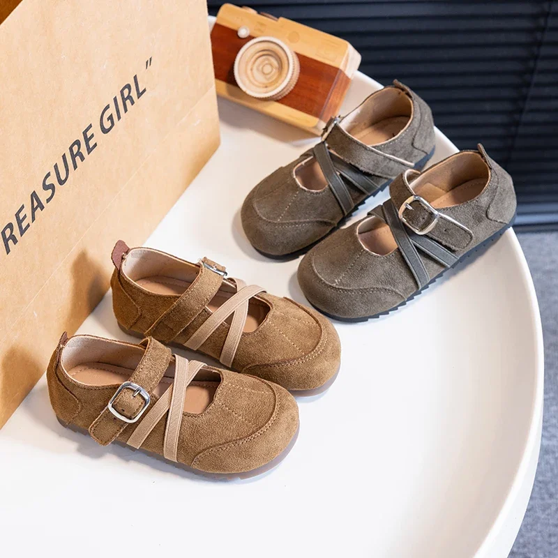 Little Girls Crisscross Strap Mary Jane Shoes, Faux Suede Metal Buckle Soft Sole Retro Flats