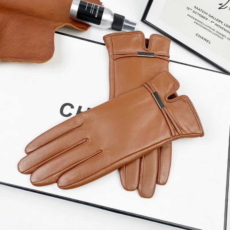 秋冬本革手袋女性プラスベルベット厚み保温運転女性シープスキン手袋タッチスクリーン-st0118