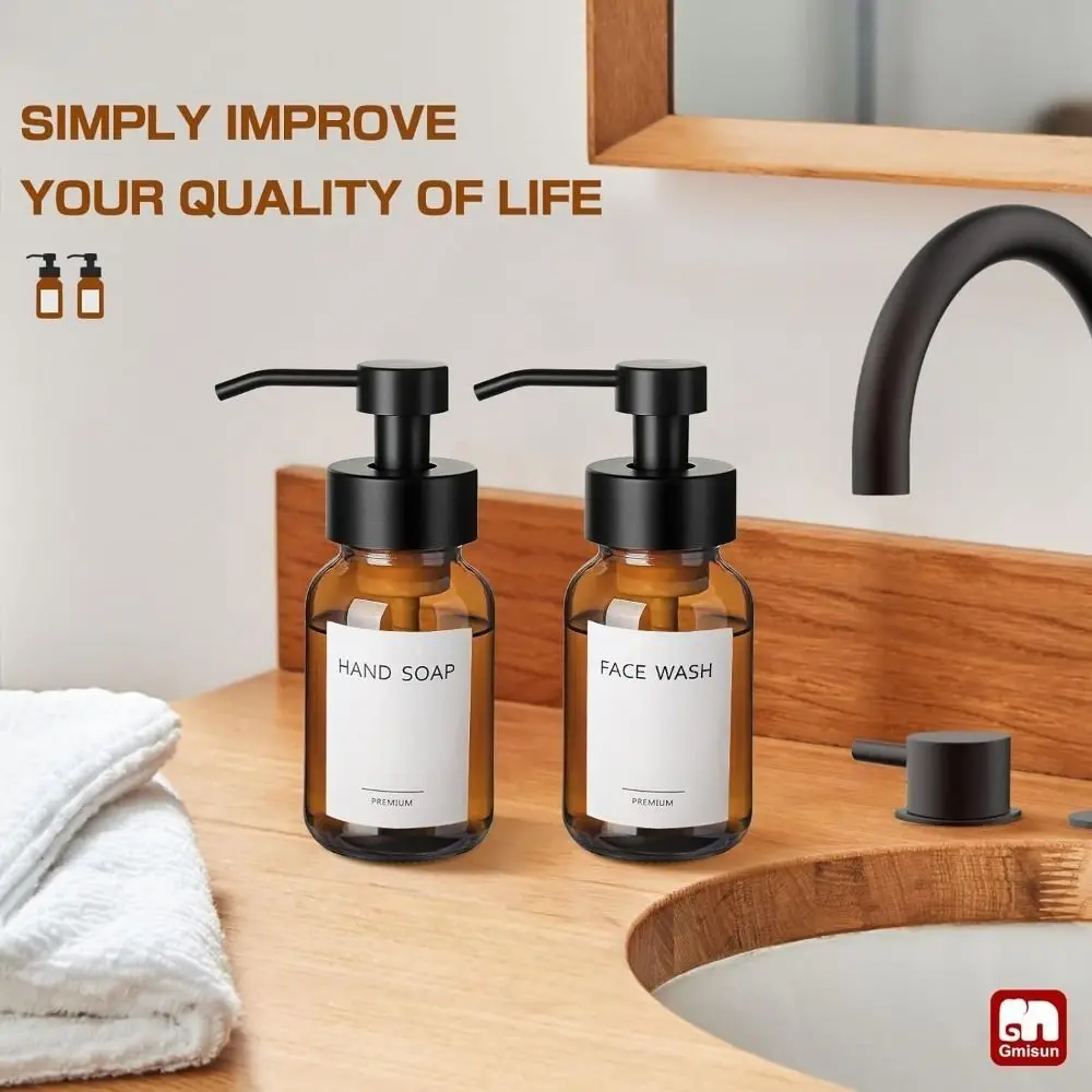 Thick Glass Foaming Soap Dispenser Anti-slip Round Refillable Hand Pump Bottle Amber Durable Brown Glass Jar Kitchen