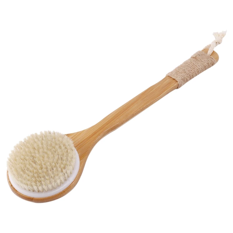 Droge Huid Lichaamsborstel Bad Exfoliërende Borstel Natuurlijke Haren Rug Scrubber Met Lange Houten Handvat Voor Douche, Verwijder Dode Huid,