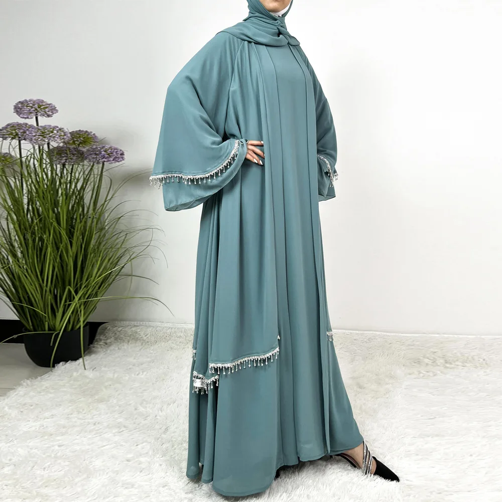 ดูไบ Abayas มุสลิมชุด Robe 2 ชิ้นเปิด Abaya สําหรับผู้หญิงเสื้อสเวตเตอร์ถักชุด Eid Ramadan อิสลามเสื้อผ้า Kebaya Kimono หรูหราชุด