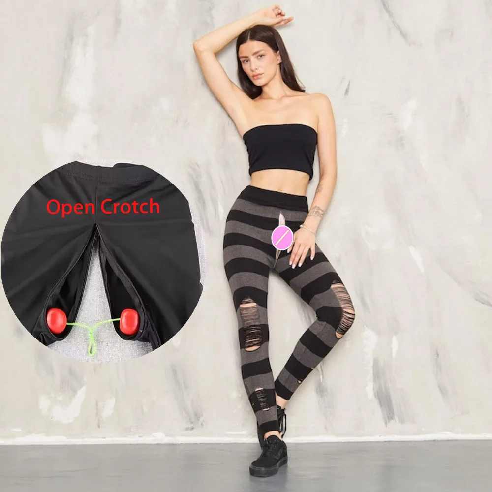 Open Crotch Outdoor Sex Pants Women, Striped Ripped Leggings, Peach Hip Push Up Trousers, Christmas Gifts, Dancing Sweatpants