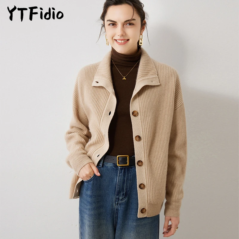 YTFidio 100% Cashmere Women Basin Necked Cardigan Warm Soft Buttons Cardigan Office Lady Solid Pullover Female Tops 14