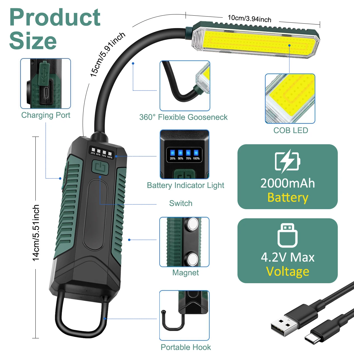 USB Rechargeable LED Work Light 360° Bendable Gooseneck 2000mAh Built-in Battery Emergency Lamp for Camping Fishing Auto Repair