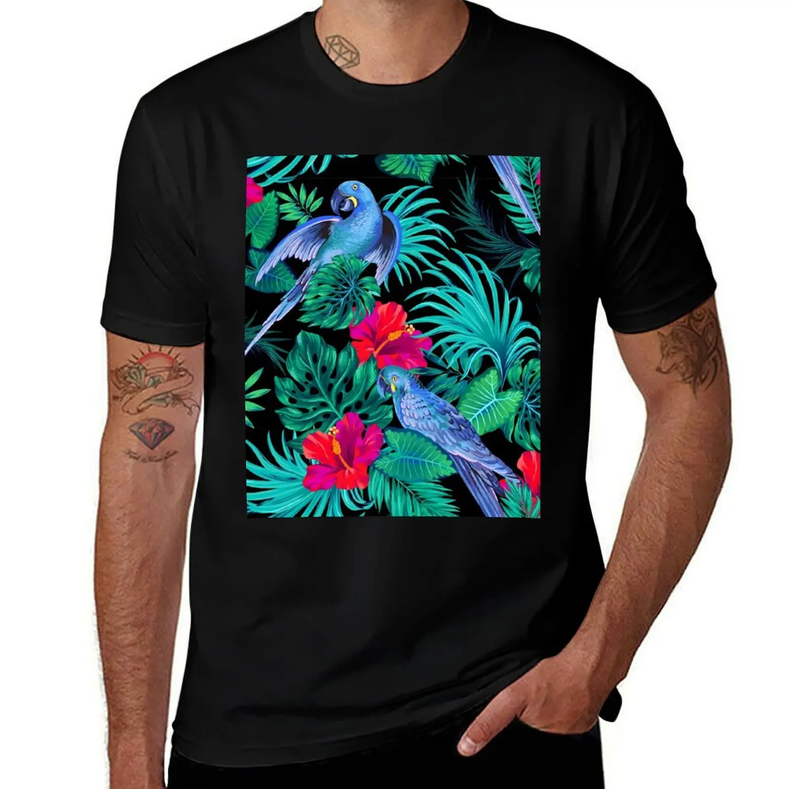 blue macaw parrots. T-Shirt Retro Style Print Casual Top T-Shirt