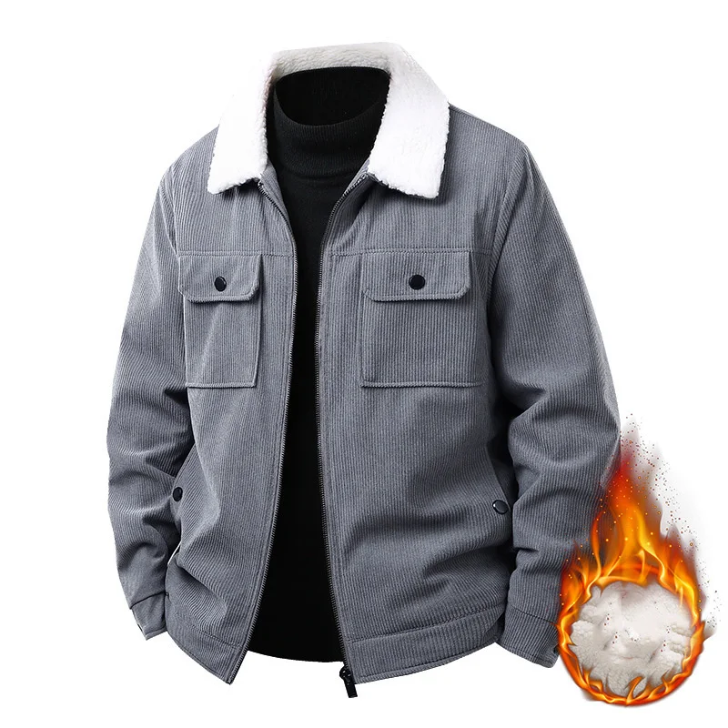 

2025 Man Jacket Autumn Winter Thicken Fleece Contrast Color Pocket Male Cargo Coat Turn Down Collar Long Sleeve Men Outerwear