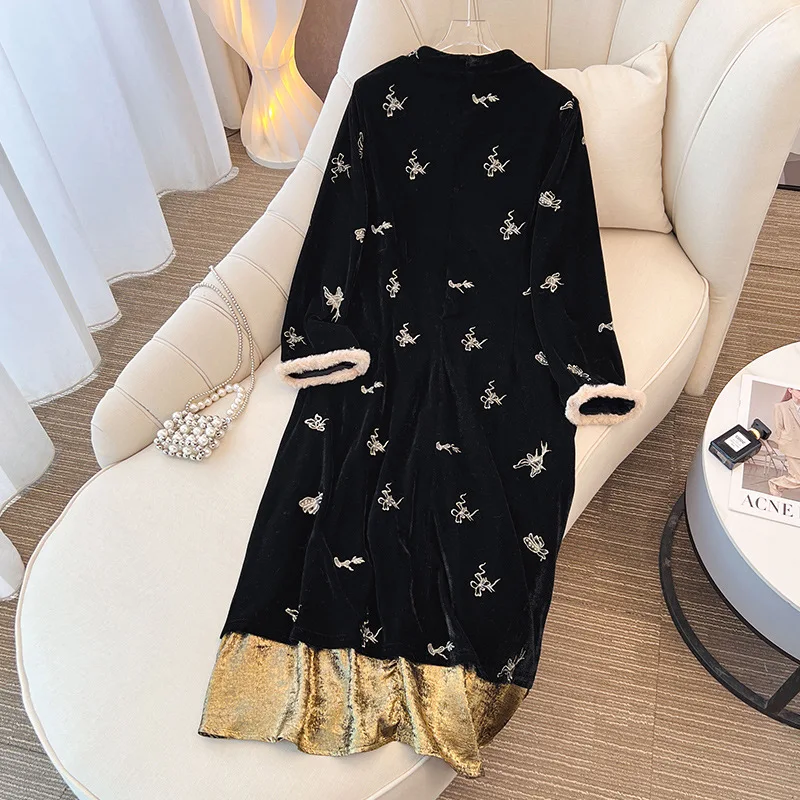 150Kg Plus Size Women's Bust 153 Autumn Winter Loose Retro Chinese Style Cheongsam Black Velvet Waist Cinched Dress 7XL 8XL 9XL