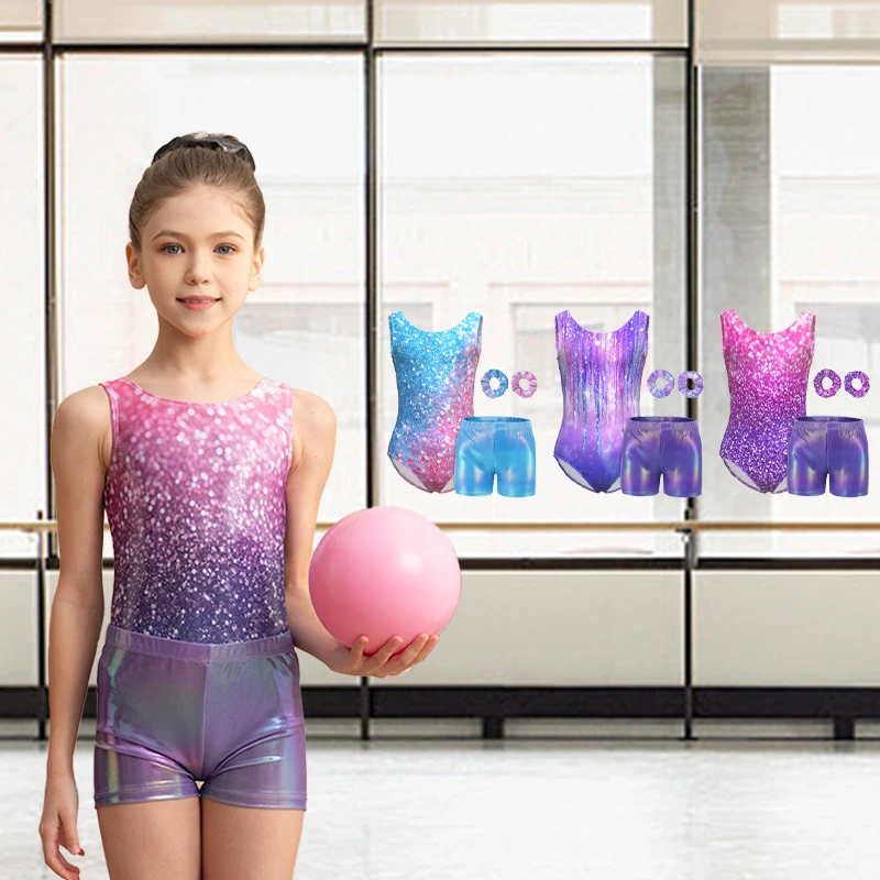 

Гимнастический купальник для девочек, блестящая градиентная спортивная одежда, комбинезон для танцев из 4 предметов для детей, спортивная акробатическая одежда с короткими штанинами