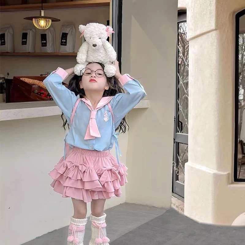 Spring Autumn Clothing Sets 2PCS Princess Cute Cartoon Sailor Suit Blouse+Pleated Skirt Girls Kids Fashion Kids Costume Sets